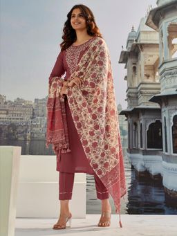 Gahan - Dark Mauve Cotton Silk Embroidered Kurta with Pant & Dupatta