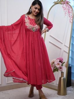 Gahan - Red BSY Chinon Embroidered Anarkali Kurta with Pant & Dupatta