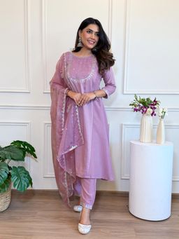 Gahan - Dark Mauve Silk Blend Embroidered Kurta with Pant & Dupatta