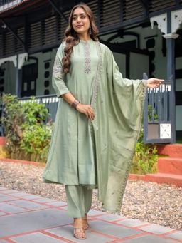 Gahan - Womens Olive Muslin Silk Embroidered Anarkali Kurta with Pant & Dupatta