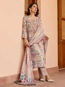 Gahan - Womens Cream Cotton Printed Straight Kurta with Pant & Dupatta