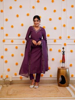 Gahan - Womens Wine Roman Silk Embroidered Straight Kurta with Pant & Dupatta