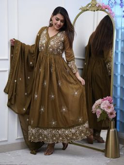 Gahan - Womens Brown Cotton Silk Embroidered Anarkali with Pant & Dupatta