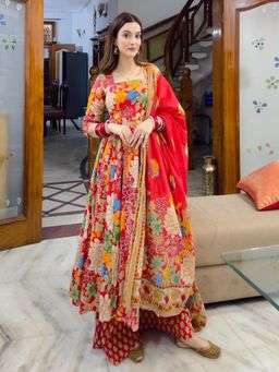 Gahan - Womens Red Muslin Cotton Anarkali Kurta with Palazzo & Dupatta