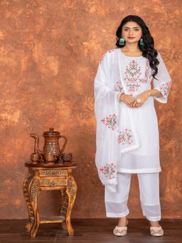 Gahan - Womens White Faux Georgette Embroidered Straight Kurta with Pant & Dupatta