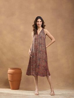 Fabindia - Red Viscose Ajrakh Printed Midi Dress