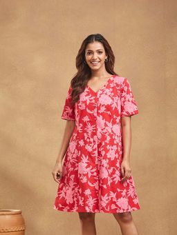 Fabindia - Red Cotton Linen Printed Short Mini Dress