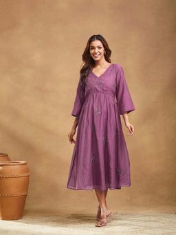 Fabindia - Pink Cotton Silk Embroidered Midi Dress