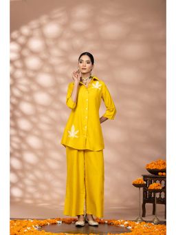WineRed - Women Yellow Leaf Embroidered Co-Ord Set