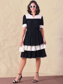 Deebaco - Black Pure Rayon with Schiffli Tiered Knee Length Dress