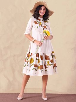 Deebaco - Placement Printed Pure Cotton Women Tiered Shirt Dress