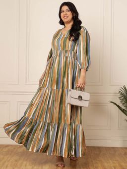 Deebaco - Multi-Colour Striped Women Tiered Maxi Plus Size Dress