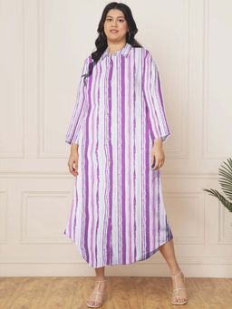 Deebaco - Multi-Colour Stripes Women Plus Size Shirt Midi Dress