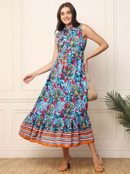 Deebaco - Tropical Printed Tiered Women Maxi Plus Size Dress