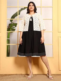 Deebaco - Plus Size Cotton Shrug With Smocked Knee Length Dress