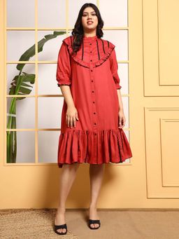 Deebaco - Rust Yoke Frill Designed Womens Plus Size Tiered Shirt Knee Length Dress