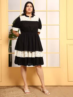 Deebaco - Black Pure Rayon With Schiffli Tiered Plus Size Knee Length Dress