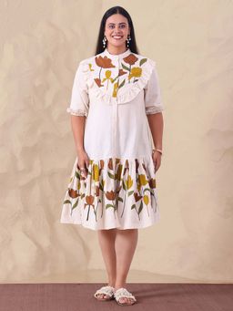 Deebaco - Placement Pure Cotton Women Tiered Shirt Plus Size Knee Length Dress