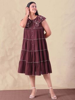 Deebaco - Embroidered Brown Pure Cotton Multi Tiered Women Plus Size Midi Dress