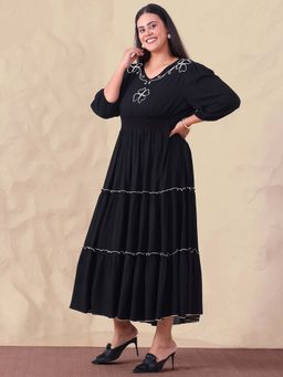 Deebaco - Embroidered Black Pure Rayon Women Tiered Plus Size Maxi Dress