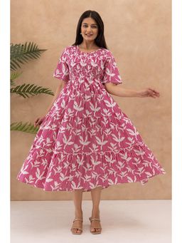 Polago Clothing - Pink Floral And Striped Cotton Midi Dress