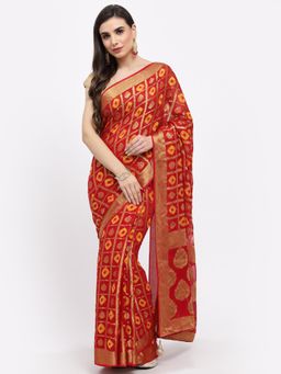 KISHORI - Women Bandhani With Zari Weaving Silk Saree & Blouse Red with Unstitched