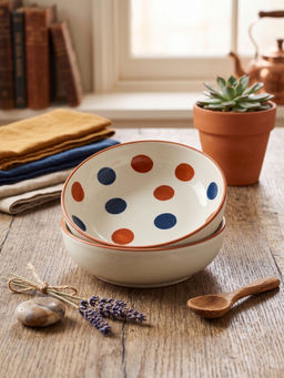YELONA - White Porcelain Dip Microwave Safe Polka Dots Design Bowls (Pack Of 2)