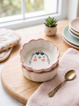 YELONA - White Porcelain Dip Cute Cartoon Design Microwave Safe Bowls (Pack Of 2)