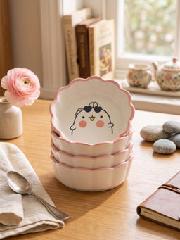 YELONA - White Porcelain Dip Cute Cartoon Design Microwave Safe Bowls (Pack Of 4)