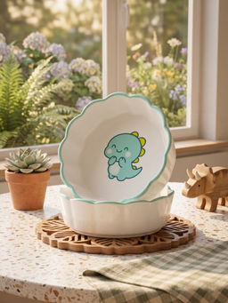 YELONA - White Porcelain Dip Microwave Safe Cute Cartoon Dino Print Bowls (Pack Of 2)