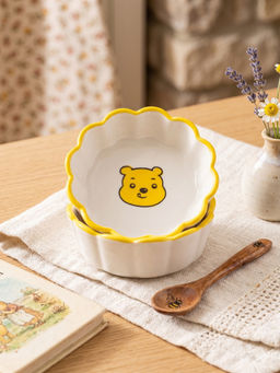 YELONA - White Porcelain Dip Microwave Safe Cute Cartoon Pooh Bear Print Bowls (Pack Of 2)