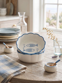 YELONA - Porcelain Dip Microwave Safe Cartoon Fishy Print White Bowls (Pack Of 2)