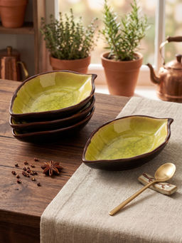 YELONA - Green Porcelain Leaf Shape Dip Microwave Safe Bowls (Pack of 4)
