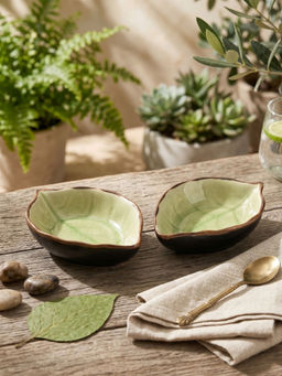 YELONA - Green Porcelain Leaf Shape Dip Microwave Safe Bowls (Pack of 2)