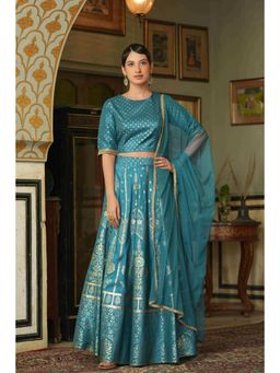 Juniper - Teal Santoon Slub Festive Foil Printed Straight Lehnga Choli (Set of 3)