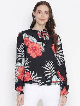 Oxolloxo - Blossoming Black Floral Print Tieknot Women Top