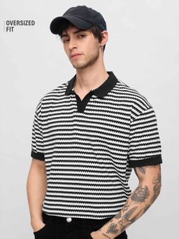The Souled Store - Black,White Stripes Oversized Fit Polo T-Shirt