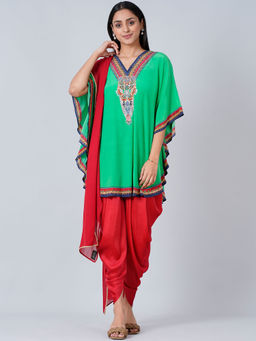 First Resort by Ramola Bachchan - Green Embellished Tunic With Dhoti Pants & Dupatta (Set of 3)