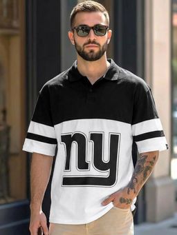Bewakoof - Men's White & Black NY Color Block Oversized Polo T-shirt