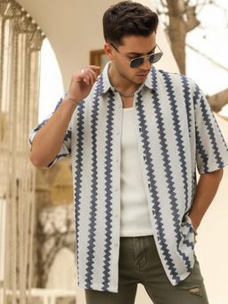 Bewakoof - Men's Off White & Blue Textured Oversized Shirt