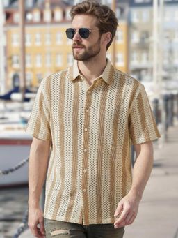 Bewakoof - Men's Beige & Brown Textured Oversized Shirt