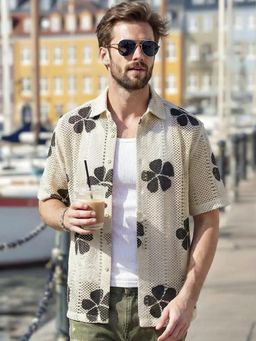 Bewakoof - Men's Beige Textured Oversized Crochet Shirt