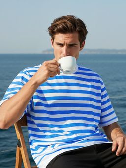 Bewakoof - Men Blue And White Striped Oversized T-Shirt