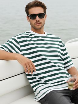 Bewakoof - Men Green And White Striped Oversized T-Shirt