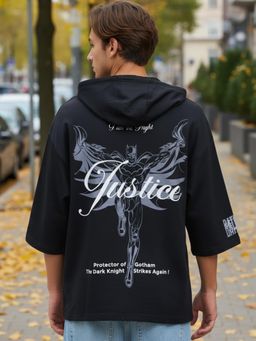 Bewakoof - Men Black Justice Bat Graphic Printed Oversized Hooded T-Shirt