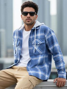 Bewakoof - Men Blue And White Checked Oversized Hooded Shirt