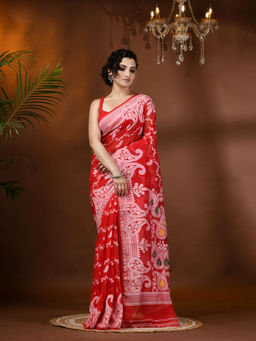 DESH BIDESH - Resham Dhakai Red Cotton Handloom Jamdani Saree without Blouse