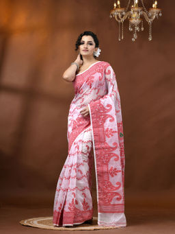 DESH BIDESH - Resham Dhakai White Cotton Handloom Jamdani Saree without Blouse
