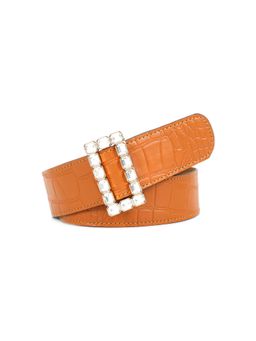 Celtic - Women'S Tan Croc Embossed Leather Belt with Statement Crystal Buckle
