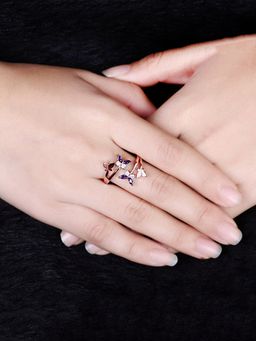Yellow Chimes - Purple Rose Gold-Plated Butterfly Crystal Studded Ring